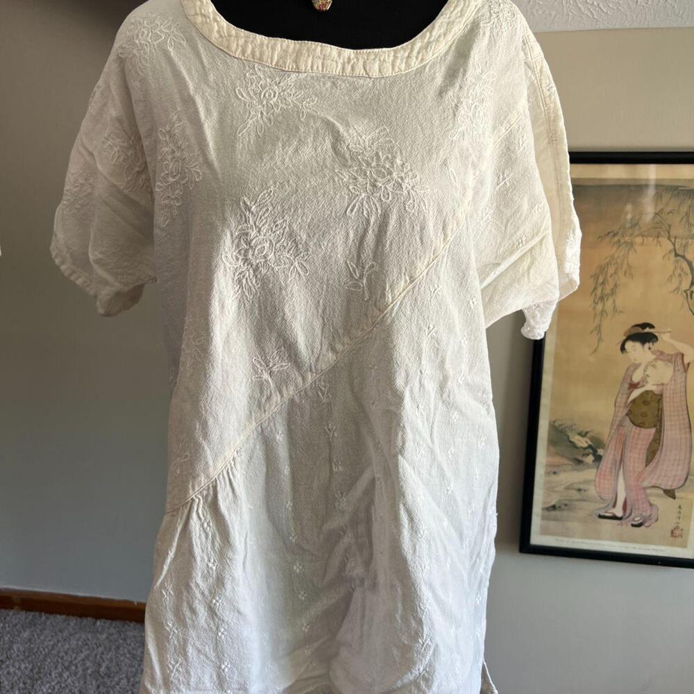 Eucalyptus Embroidered Tan Short Sleeve Blouse Cotton Small Boho Handmade